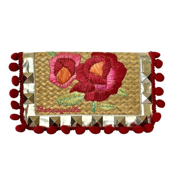 Betsey Johnson Handbags - Betsey Johnson Betseyville Playa de Betsey Studded Straw Pom-Pom Clutch Bag